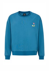 Felpa blu con collo rotondo, maniche lunghe e un piccolo logo multicolore sul petto; realizzata in un tessuto morbido con una texture liscia.