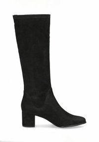 Stivale in suede nero alto fino al ginocchio, con punta quadrata, tacco a blocco e texture liscia. Progettato con una silhouette elegante e cuciture minime.