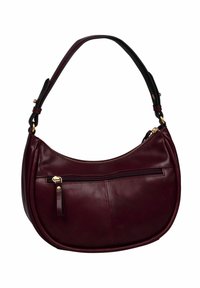 Borsa a spalla in pelle bordeaux scuro con forma curvata, tasca frontale con zip e tracolla nera regolabile con hardware dorato.