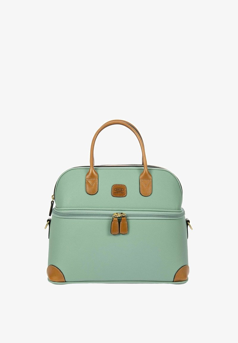 Mintgrünes strukturiertes Handtasche mit braunen Lederakzenten, zwei oberen Griffen, doppelten Reißverschlüssen und einer glatten Textur. Mit einem Logo-Emblem.