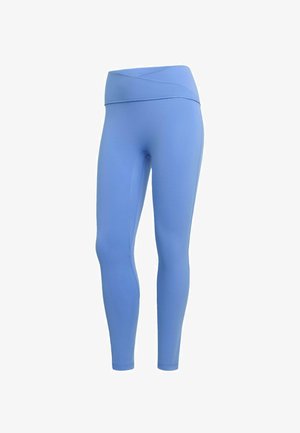 Leggings de sport bleus avec une ceinture haute croisée. Fabriqués en tissu lisse et extensible, présentant une coupe ajustée sans motifs visibles.