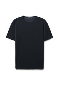 T-shirt corto a maniche corte di colore blu scuro, realizzato in un tessuto testurizzato, con scollatura rotonda e taglio dritto. Senza motivi o grafiche visibili.