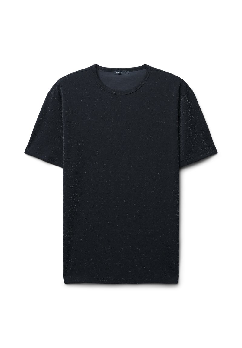 T-shirt corto a maniche corte di colore blu scuro, realizzato in un tessuto testurizzato, con scollatura rotonda e taglio dritto. Senza motivi o grafiche visibili.