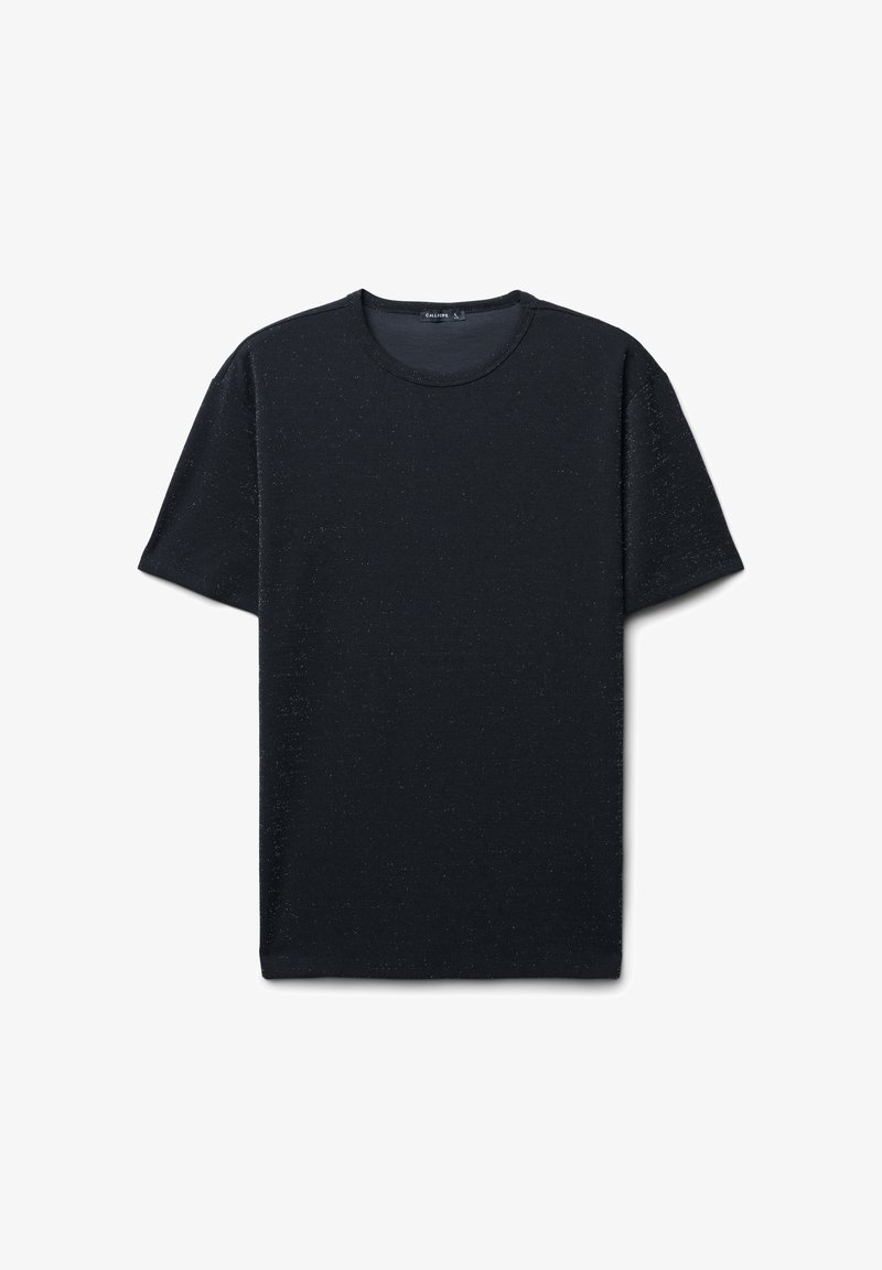 T-shirt corto a maniche corte di colore blu scuro, realizzato in un tessuto testurizzato, con scollatura rotonda e taglio dritto. Senza motivi o grafiche visibili.