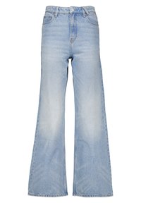 Jeans acampanados de cintura alta en un tono azul claro, fabricados en denim. Presentan un diseño clásico de cinco bolsillos y un ligero desvanecimiento en las piernas.