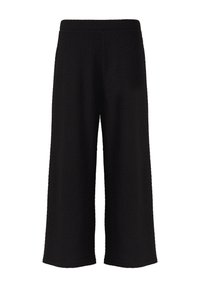 Schwarze weit geschnittene Hose aus strukturiertem Stoff mit einem hohen elastischen Bund. Sie zeichnet sich durch eine lockere Passform und einen knöchellangen Schnitt aus.