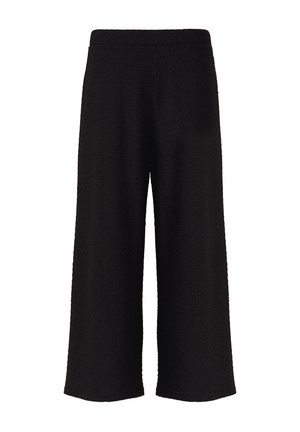 Zwarte wijde broek van textuurstof met een hoge elastische tailleband. Heeft een losse pasvorm en een enkel-lange snit.