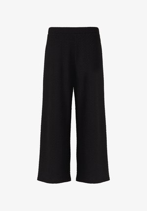 Zwarte wijde broek van textuurstof met een hoge elastische tailleband. Heeft een losse pasvorm en een enkel-lange snit.