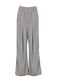 Pantaloni a palazzo grigi a quadri con vita alta, doppi pinces e una texture morbida. Caratterizzati da dettagli con un motivo a scacchi in contrasto.