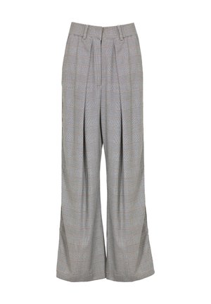 Grijze geruite wijde broek met een hoge taille, dubbele plooien en een zachte textuur. Opvallend door de contrasterende ruitpatroon details.
