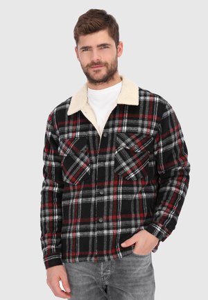 Mand iført en sort, rød og hvid ternet jakke med en hvid sherpa-krave og grå jeans, stående med den ene hånd i lommen.