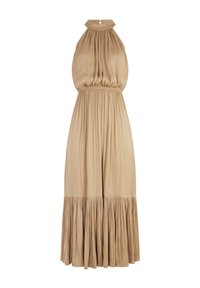 Maxi dress in light beige fabric. Halter neck design with gathered waist and tiered ruffle hem, featuring a smooth texture and flowy silhouette.