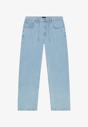 Helesinised sirge säärega teksapüksid, millel on eest taskud, vööaasad, nöörist pingutuspael ja nööpkinnitus, vöökohal Lee brändisildiga.