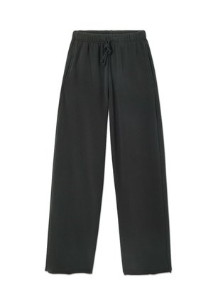 Pantalons de survêtement gris foncé en tissu texturé, avec une taille élastique dotée d'un cordon de serrage et des poches latérales, jambes droites larges.