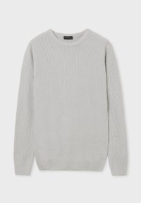 Maglione lavorato a maglia grigio chiaro con motivo testurizzato, collo e polsini a coste, e una vestibilità comoda. Presenta maniche lunghe e un design classico.