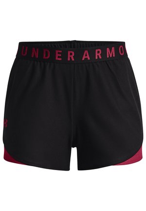 Schwarze Sportshorts mit roten Seitenpaneelen, elastischem Bund mit rotem "UNDER ARMOUR" Schriftzug und kleinem roten Under Armour-Logo am linken Bein.