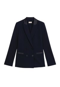 Marineblauer doppelt geknöpfter Blazer aus glattem Stoff, mit einem Satinkragen und Taschendetails in passender Satinoptik.