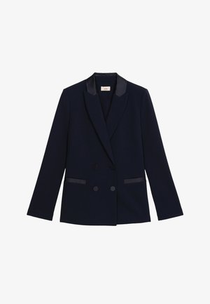 Navy blue double-breasted blazer made of smooth fabric, featuring a satin collar and pocket details in matching satin finish.