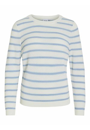 Letvægstriktrøje med vandrette blå og hvide striber, rund hals, og ribbede manchetter og kant, ideel til afslappet brug.