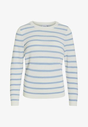 Kergest õhulisest kudumist soe kampsun, millel on horisontaalsed sinised ja valged triibud, ümar kaelus ning soonikkoes varrukad ja alläär, ideaalne igapäevaseks kandmiseks.