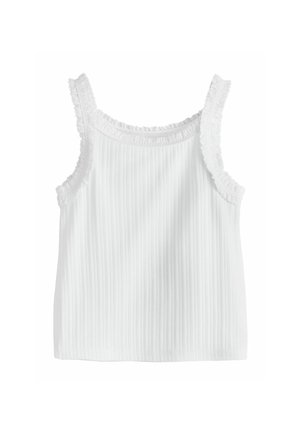 Biały prążkowany top bez rękawów z koronkową lamówką na ramiączkach i dekolcie, zaprojektowany do noszenia na co dzień.