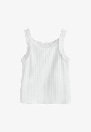 Hvid ribbet ærmeløs top med blonderkant på stropper og udskæring, designet til hverdag.