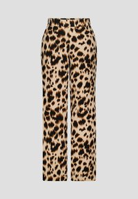 Beige en zwarte broek met luipaardprint met wijde benen, featuring een hoge taille en een gladde textuur, ideaal voor casual of semi-formele gelegenheden.