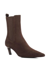 Brown suede ankle boot with a pointed toe, elastic side panels, and a low, chunky heel. Smooth texture with a matte finish.