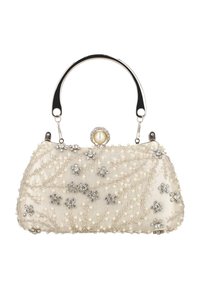 Geantă de mână crem cu mărgele, cu ramă metalică și mâner argintiu, decorată cu flori, perle și accente de strasuri.