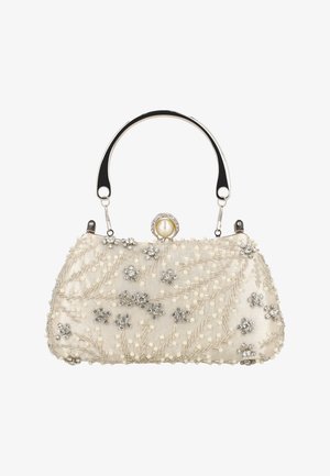 Helmien koristeltu kermanvärinen käsilaukku, jossa hopeinen metallikehys ja -kahva, kukkakoristeet, helmet ja strassikoristeet.