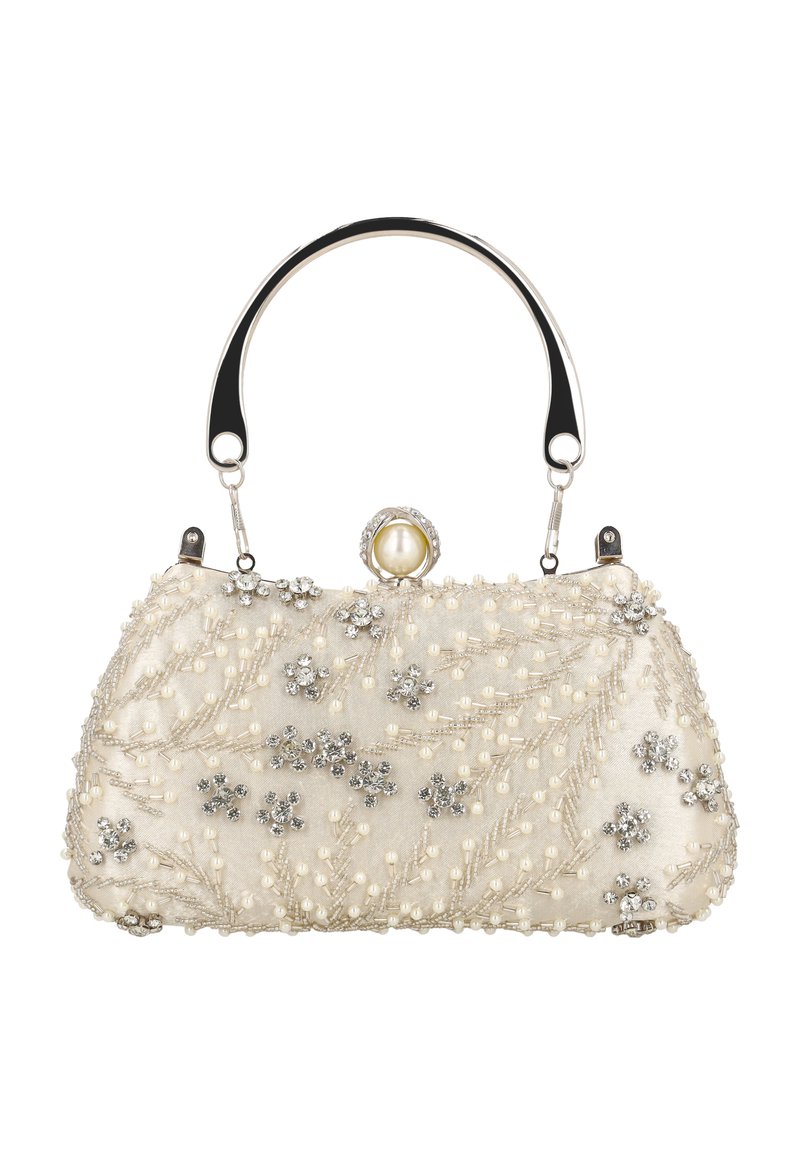 Geantă de mână crem cu mărgele, cu ramă metalică și mâner argintiu, decorată cu flori, perle și accente de strasuri.