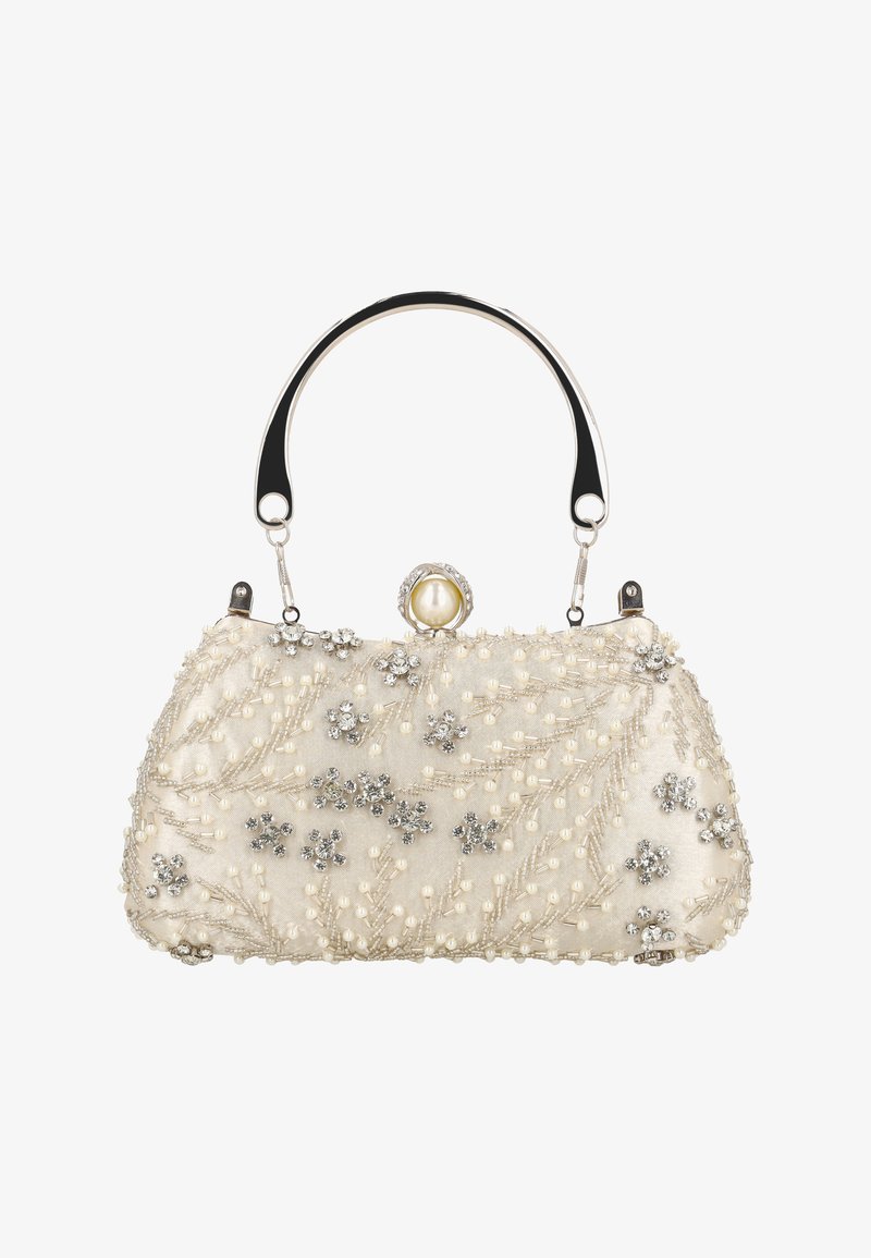 Geantă de mână crem cu mărgele, cu ramă metalică și mâner argintiu, decorată cu flori, perle și accente de strasuri.