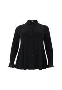 Zwarte langmouwen shirt met een kraaglijn, knoopsluiting aan de voorkant en gerimpelde manchetten. Gemaakt van soepele stof, biedt een vloeiende silhouet.