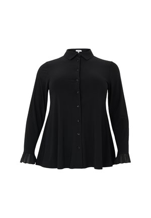 Zwarte langmouwen shirt met een kraaglijn, knoopsluiting aan de voorkant en gerimpelde manchetten. Gemaakt van soepele stof, biedt een vloeiende silhouet.