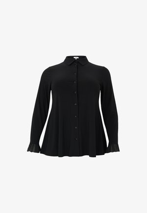 Chemise noire à manches longues avec un col, fermeture à boutons sur le devant et poignets à volants. Fabriquée en tissu lisse, offrant une silhouette fluide.