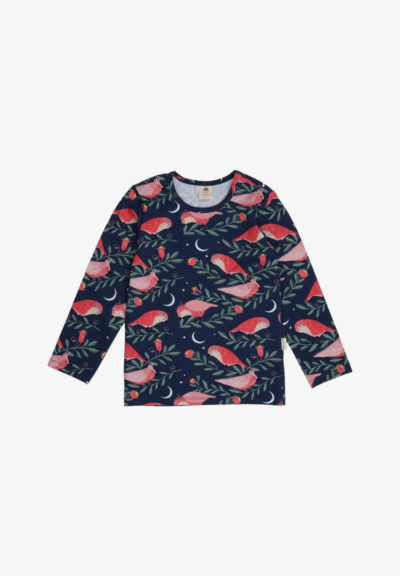 Langarmshirt aus navy Baumwolle mit einem pinken Vogel- und Blumenmuster; verfügt über einen runden Halsausschnitt und eine weiche Textur.