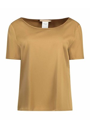 Blouse en satin doré à manches courtes avec un large col rond, design simple et texture lisse.