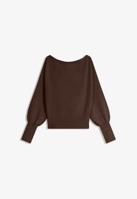 Hnědý krátký svetr se širokým výstřihem, dlouhými nafouklými rukávy a žebrovanými manžetami a lemem. Hladká textura a minimalistický design.