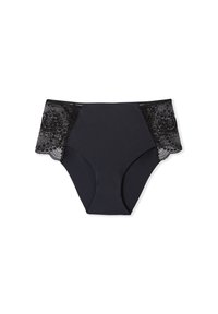 Bragas negras de talle alto con tejido suave en la parte delantera y paneles de encaje intrincados a los lados, con bordes en forma de ondas y un acabado mate.