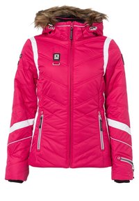 Różowa pikowana kurtka z białymi akcentami, z kieszeniami zapinanymi na zamek, kapturem wyłożonym futrem oraz geometrycznym wzorem na tkaninie. Zawiera regulowane sznurki.