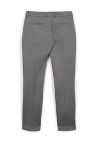Pantalons gris ajustés en tissu lisse, avec fermeture à bouton, passants de ceinture et deux poches arrière. Design uni avec une coupe droite.