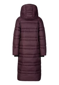 Lange pufferjas in donkerpaars, met een gequilt ontwerp, voorzien van een capuchon, lange mouwen en een rechte zoom, met gestructureerd materiaal en elastische manchetten.