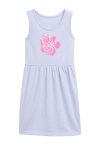 Lila ärmelloses Kleid mit gerafftem Bund, das auf der Vorderseite mit einem pinkfarbenen, mit Pailletten besetzten Blumenmuster versehen ist. Aus weichem Baumwollmaterial.