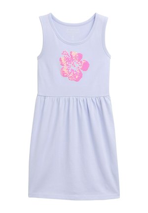Lila ärmelloses Kleid mit gerafftem Bund, das auf der Vorderseite mit einem pinkfarbenen, mit Pailletten besetzten Blumenmuster versehen ist. Aus weichem Baumwollmaterial.