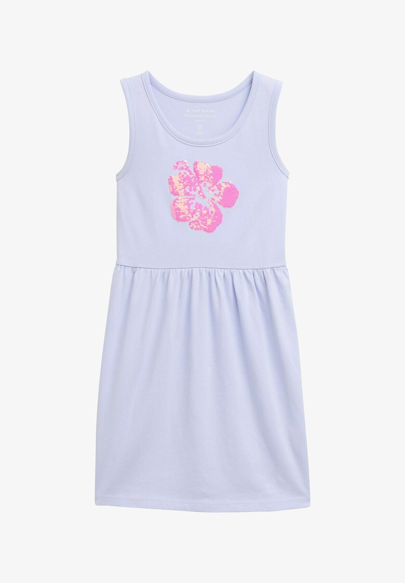 Lila ärmelloses Kleid mit gerafftem Bund, das auf der Vorderseite mit einem pinkfarbenen, mit Pailletten besetzten Blumenmuster versehen ist. Aus weichem Baumwollmaterial.