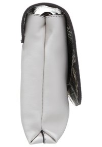 White leather clutch with a textured snakeskin accent, folded design, smooth surface, and a metallic lining.