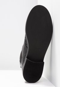 Semelle de chaussure habillée en cuir noir avec talon texturé et avant lisse, positionnée à la verticale contre une surface blanche en angle.