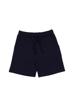 Navy blue casual shorts with elastic waistband, drawstring, and side pockets, laid flat on a white background.