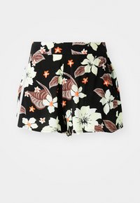 Pantaloni corti neri a fiori con grandi fiori verde chiaro e arancioni e foglie scure, design plissettato e tasche sui lati.