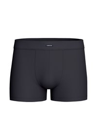 Schwarze Boxer-Briefs aus glattem Material mit einem weichen Bund und ohne sichtbare Nähte, mit einem Markenlabel auf der Vorderseite.